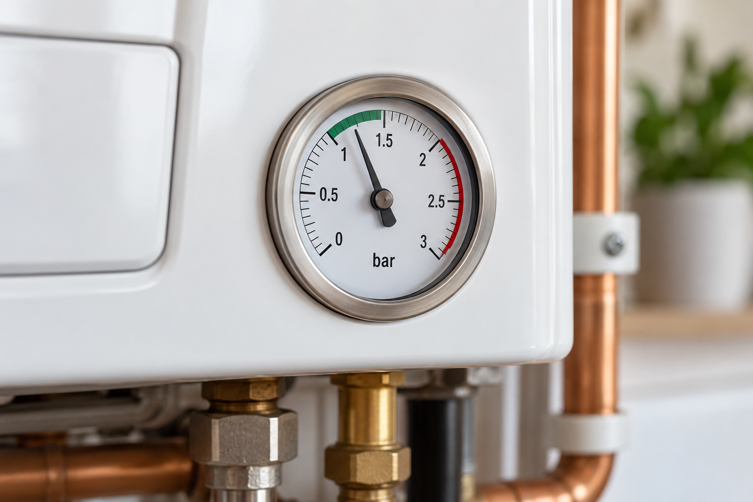 Close-up of a boiler water-pressure gauge reading approximately 1.2 bar