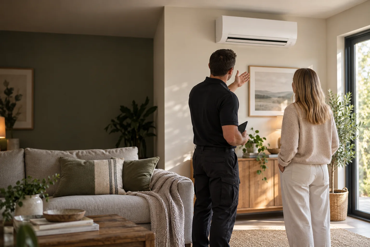 An installer and homeowner looking at a wall-mounted air conditioning unit