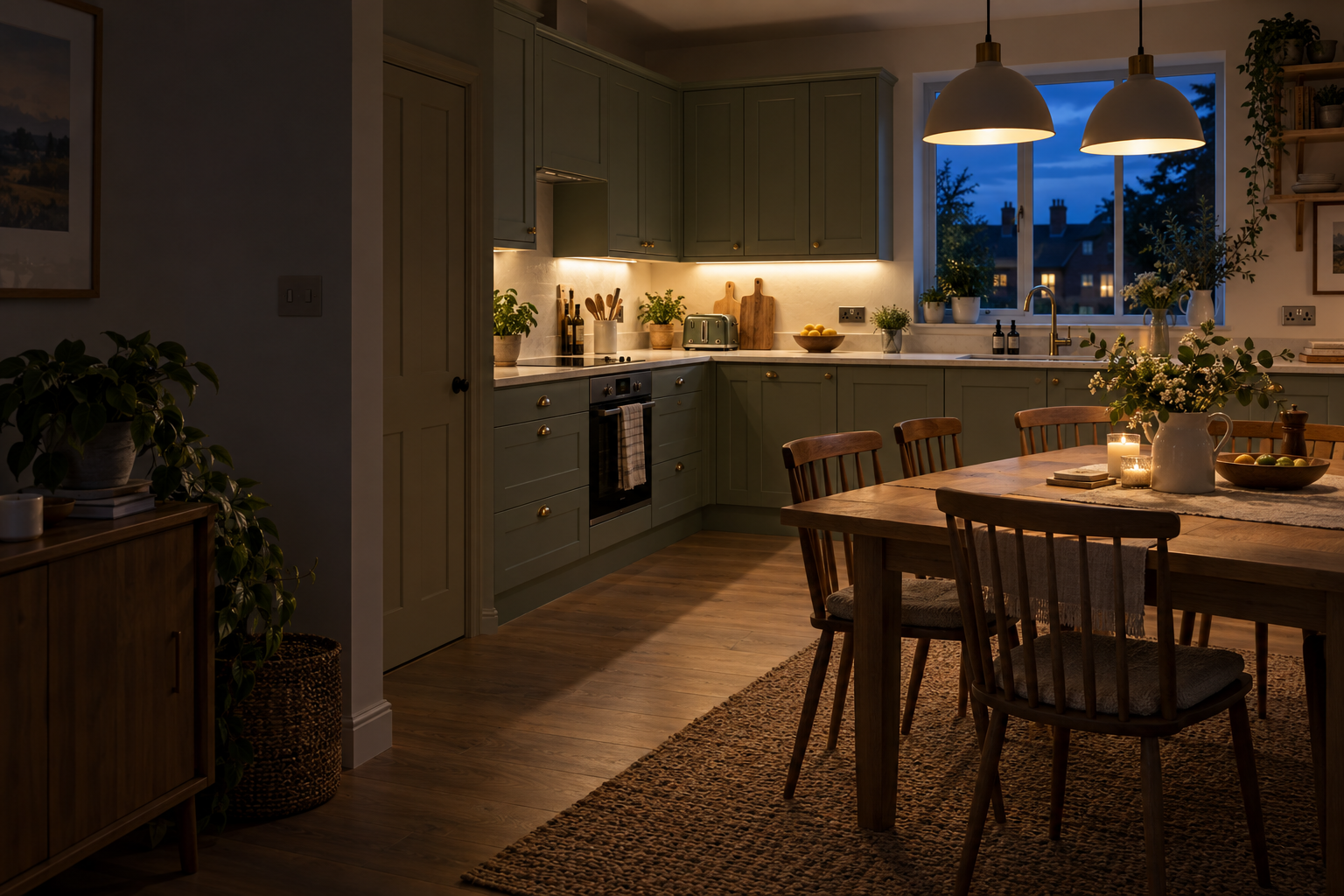 A warmly lit contemporary kitchen
