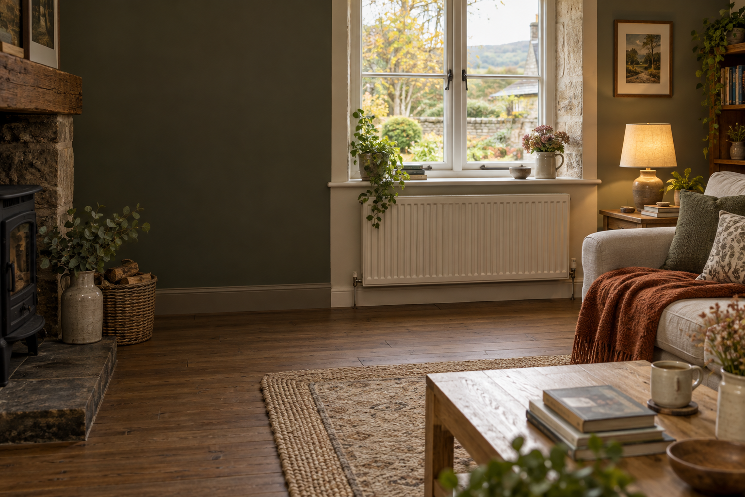 A comfortable sitting room with a radiator and soft daylight