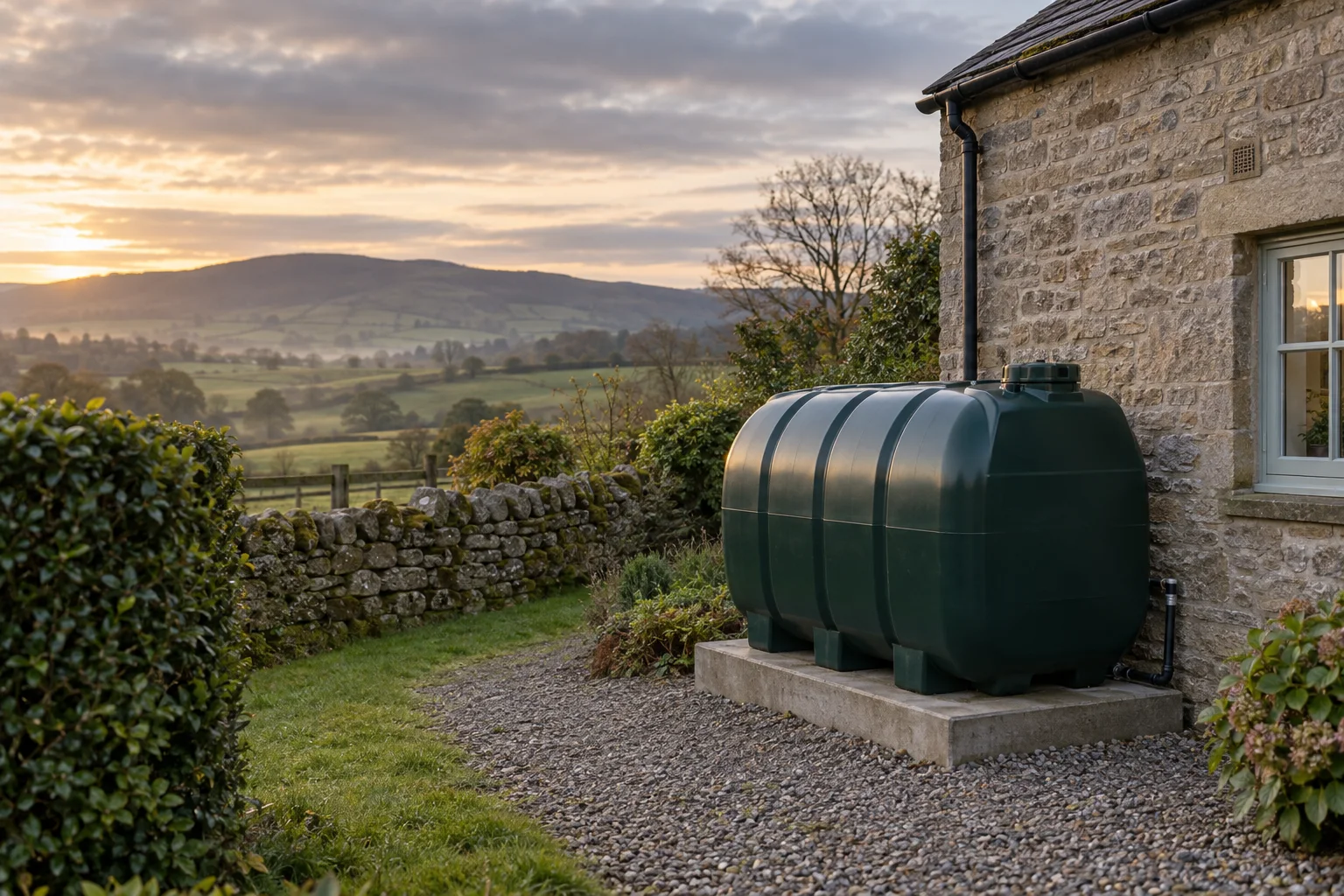 A green external heating oil tank beside a stone farmhouse in a rural landscape