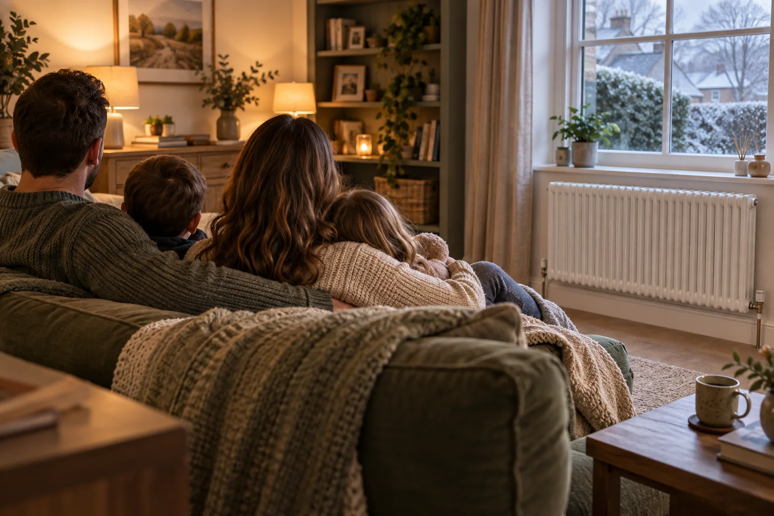 A family relaxing together in a warm living room, with a radiator beneath the window